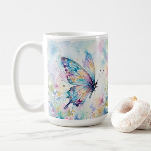 カラフルな水彩蝶々と花 コーヒーマグカップ (ドーナツ)