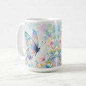 カラフルな水彩蝶々と花 コーヒーマグカップ (正面左)