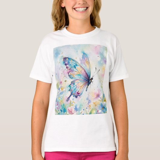 カラフルな水彩蝶々と花 Tシャツ (正面)