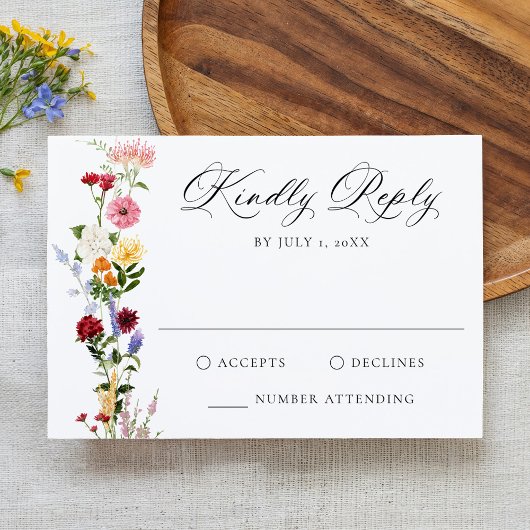 カラフルな水彩野の花の結婚式 出欠カード