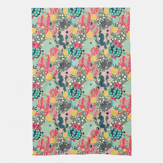 カラフルな水玉模様のサボテンパターン キッチンタオル (縦)