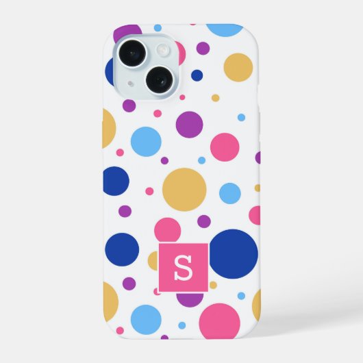 カラフルな水玉模様のモノグラム iPhone 15ケース (裏面)