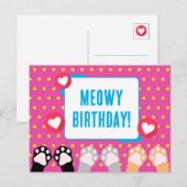 カラフルな水玉模様の猫の手が上がったハッピーバースデー ポストカード (正面/裏面)