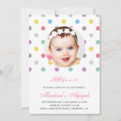 カラフルな水玉模様の赤ちゃん女の子の写真 アキカ 招待状 (正面)