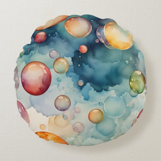 カラフルな泡の水彩画 ラウンドクッション (正面)