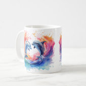 カラフルな波のハートのイルカ コーヒーマグカップ (正面左)