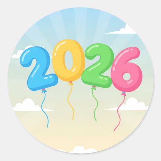 カラフルな浮かぶ風船で2026年を祝おう ラウンドシール (正面)
