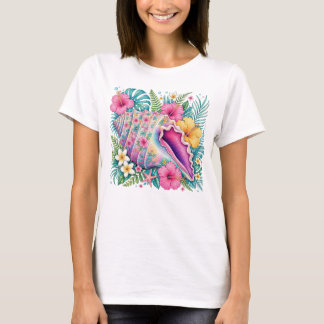 カラフルな海の亀と可愛いトロピカルフラワー Tシャツ