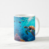 カラフルな海中のウミガメの情景 コーヒーマグカップ (正面右)