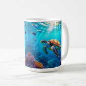 カラフルな海中のウミガメの情景  コーヒーマグカップ (正面右)