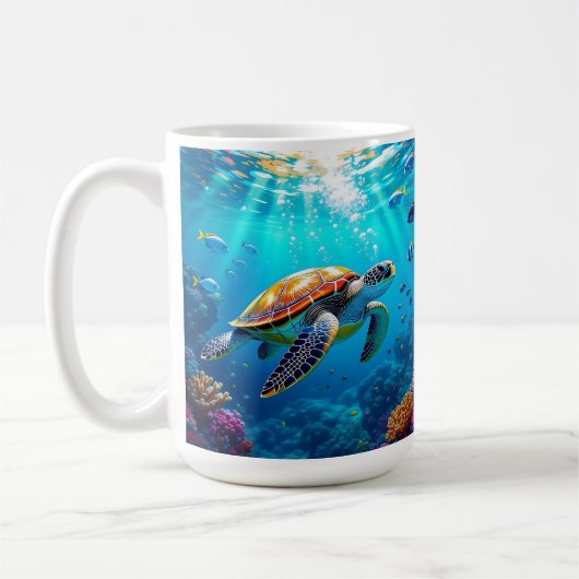 カラフルな海中のウミガメの情景  コーヒーマグカップ (左)
