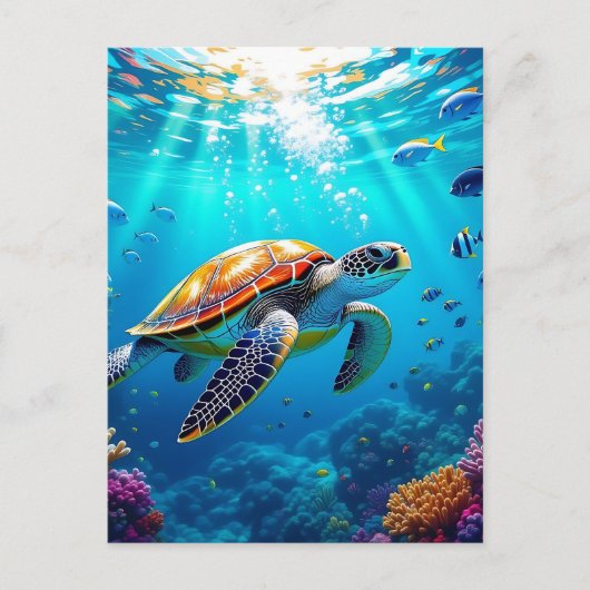 カラフルな海中のウミガメ ポストカード (正面)