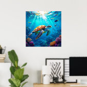 カラフルな海中の情景に泳ぐウミガメ ポスター (ホームオフィス)
