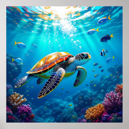 カラフルな海中の情景に泳ぐウミガメ ポスター