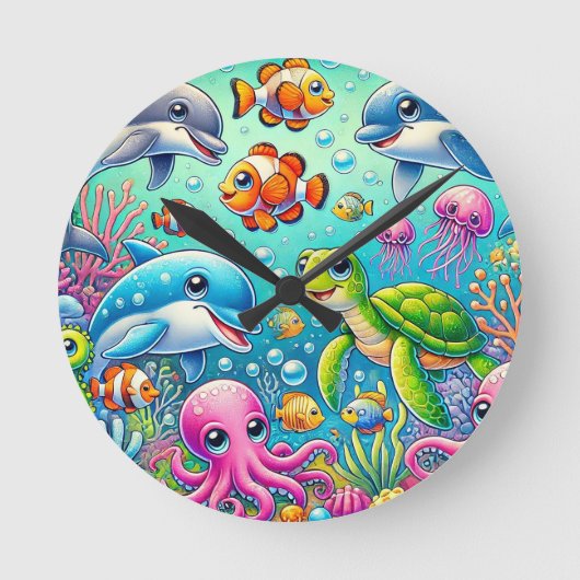 カラフルな海中シーンに遊ぶ海の生き物 ラウンド壁時計 (正面)
