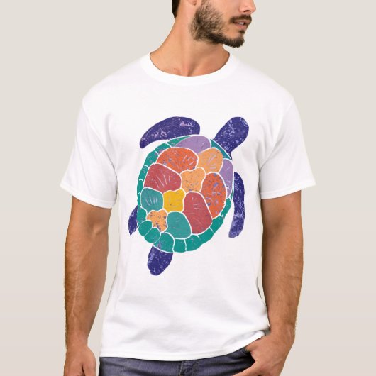 カラフルな海亀のビンテージ風イラスト Tシャツ (正面)