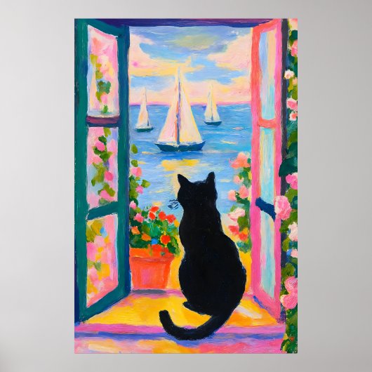 カラフルな海岸の猫の絵　窓辺の帆船 ポスター (正面)