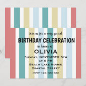 カラフルな海岸ビーチのストライプ誕生日 招待状 (正面/裏面)