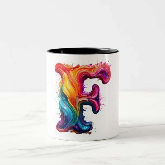 カラフルな液体レター "F" マグカップ – 鮮やかな3Dペイント (中央)