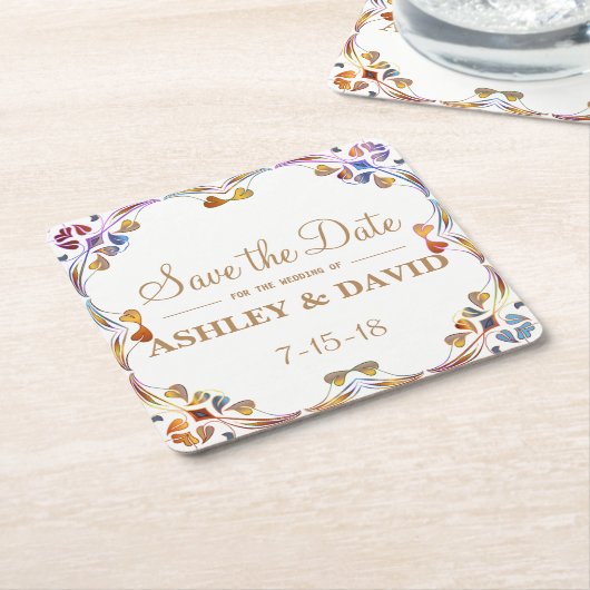 カラフルな渦巻のボーダー保存日付のコースター スクエアペーパーコースター (アングル)