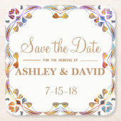 カラフルな渦巻のボーダー保存日付のコースター スクエアペーパーコースター (正面)