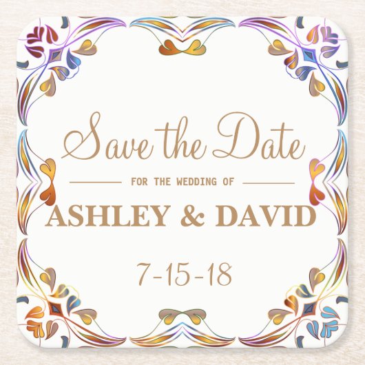 カラフルな渦巻のボーダー保存日付のコースター スクエアペーパーコースター (正面)