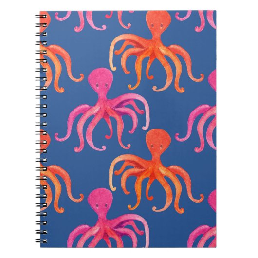 カラフルな漫画のタコの水彩パターン ノートブック (正面)