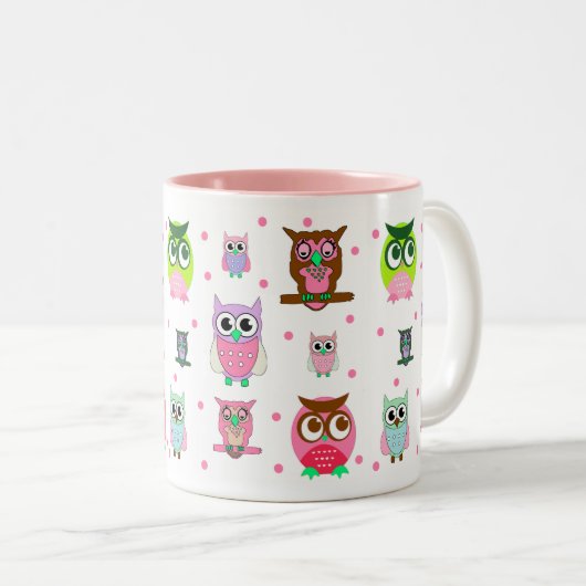 カラフルな漫画のフクロウのマグ ツートーンマグカップ (正面右)