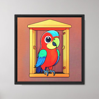 カラフルな漫画の鳥小屋の中のインコ キャンバスプリント