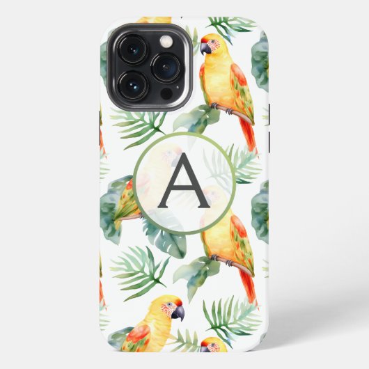 カラフルな熱帯のオウムとモノグラム iPhoneケース (裏面)