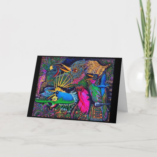 カラフルな熱帯の予兆の鳥 サンタフェ アウトサイダーアート カード (正面)