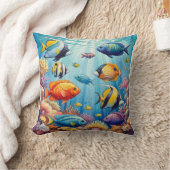 カラフルな熱帯サンゴ礁の魚 水彩 クッション (ブランケット)