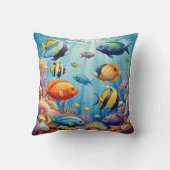 カラフルな熱帯サンゴ礁の魚 水彩 クッション (裏面)