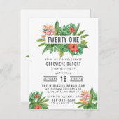 カラフルな熱帯葉の第21誕生会 インビテーションポストカード (正面/裏面)