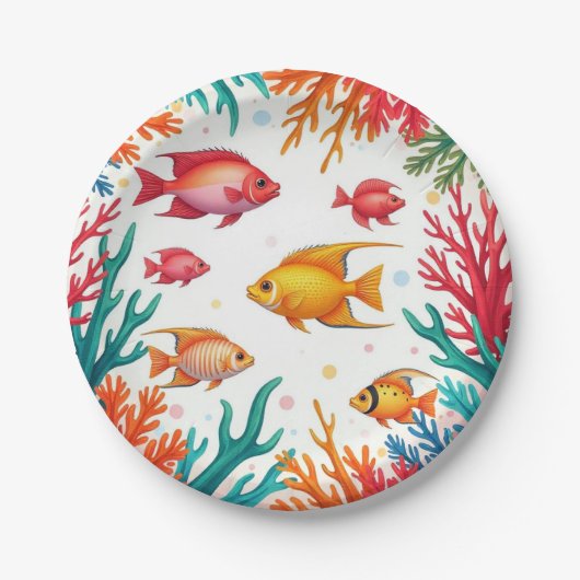 カラフルな熱帯魚と珊瑚の海 | 色とりどりの大海原 ペーパープレート (正面)