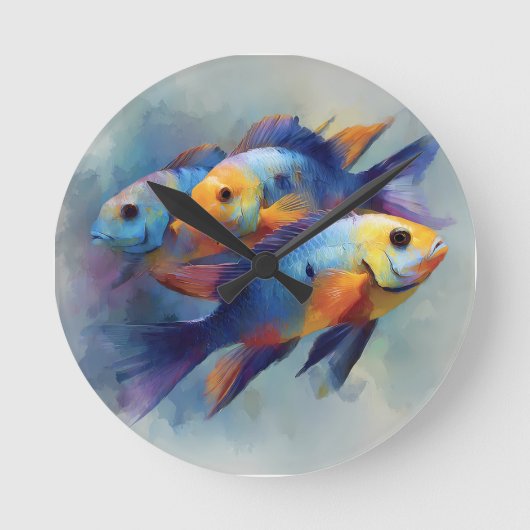 カラフルな熱帯魚の三連キャンバスウォールアート ラウンド壁時計 (正面)