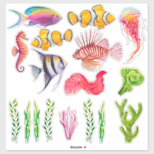 カラフルな熱帯魚 タツノオトシゴ クラゲ 海 シール (シート)