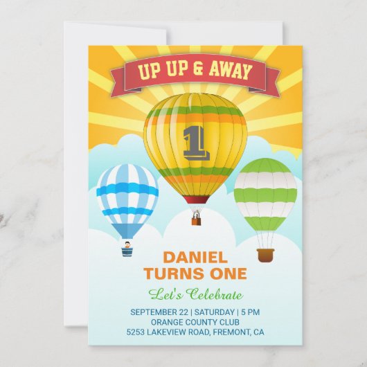 カラフルな熱気球のファーストバースデー招待状 招待状 (正面)
