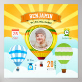 カラフルな熱気球の赤ちゃん写真 誕生記念統計 ポスター (正面)