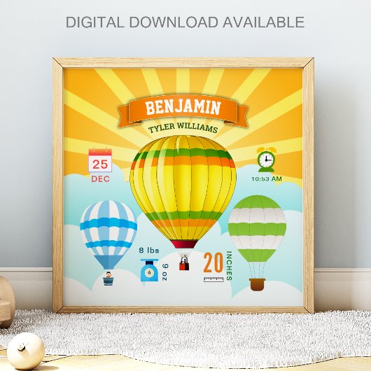 カラフルな熱気球 赤ちゃん誕生記念ステッカー ポスター