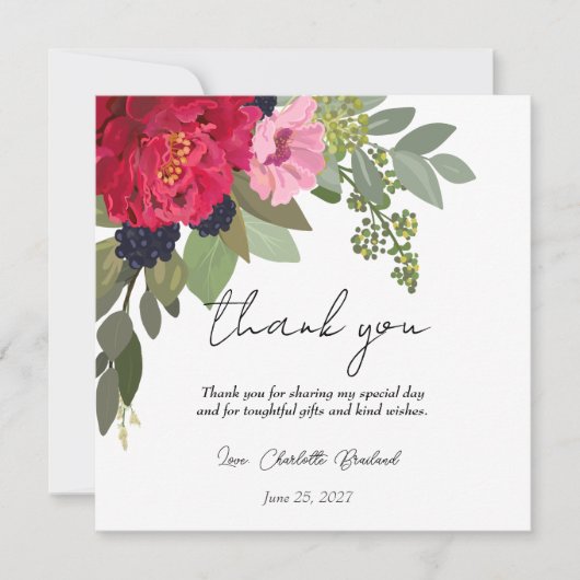 カラフルな牡丹の花のブライダルシャワーのお礼 サンキューカード (正面)