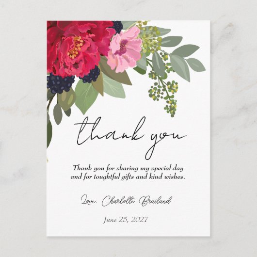 カラフルな牡丹の花のブライダルシャワーのお礼 ポストカード (正面)