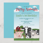カラフルな牧場の動物たちの誕生日 招待状 (正面/裏面)