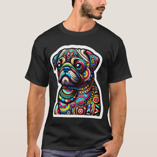 カラフルな犬のモザイクアート:抽象的なパグの肖像画を Tシャツ (正面)