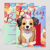 カラフルな犬の誕生日パーティー 招待状 (正面/裏面)