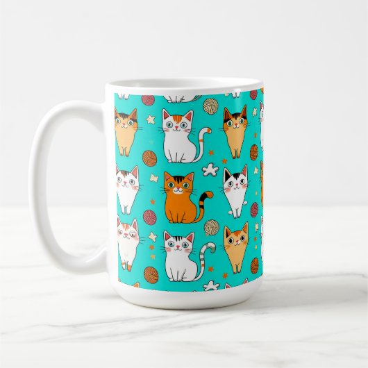 カラフルな猫と毛糸玉のかわいい猫柄 コーヒーマグカップ (左)