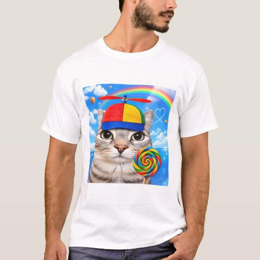 カラフルな猫のゲーマー イラスト キャンディ Tシャツ (正面)