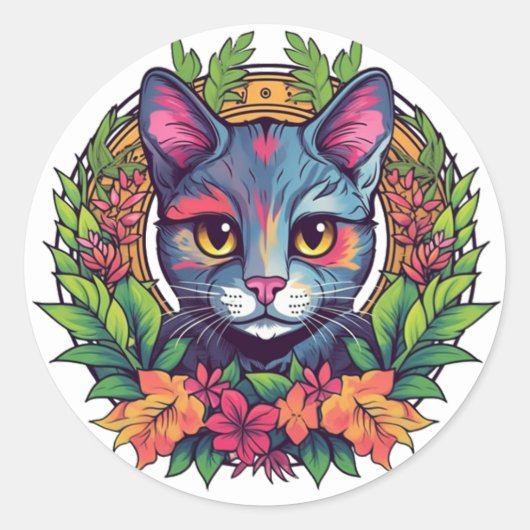 カラフルな猫のステッカー ラウンドシール (正面)