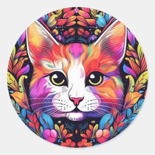 カラフルな猫のステッカー ラウンドシール (正面)