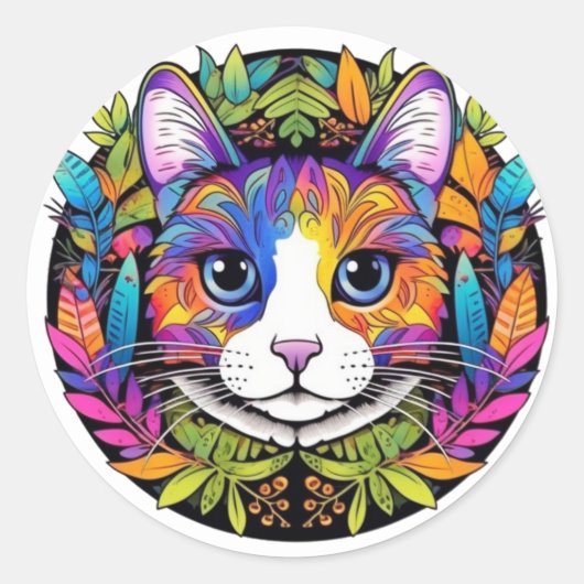 カラフルな猫のステッカー ラウンドシール (正面)